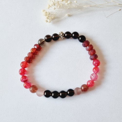 Bracelet femme sérénité et intuition agate veines de dragon rouge quartz fraise cerise fumé pierres naturelles et perles de bohème