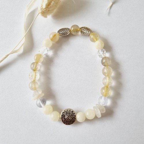 Bracelet force et intuition quartz rutilé jaune pierre de lune cristal de roche jade jaune pierres naturelles et perles de bohème