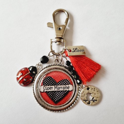 Porte clés "super marraine" coccinelle love oiseau pompon rouge idée cadeau anniversaire noël fêtes