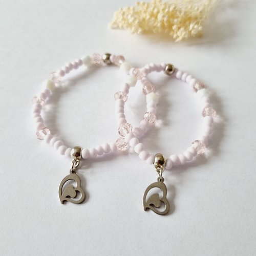 Duo mere / filles bracelets perles rose coeur argenté élastique