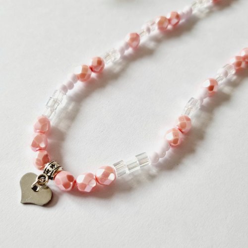 Collier enfant coeur rose et transparent perles élastique idée cadeau anniversaire fille noël fêtes