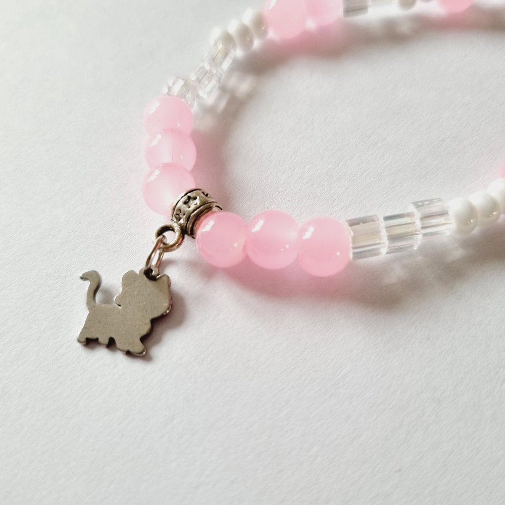 Collier enfant chat rose blanc et transparent perles élastique idée cadeau  anniversaire fille noël fêtes - Un grand marché