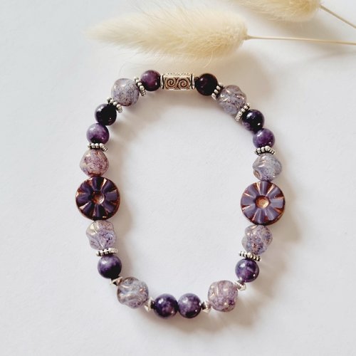 Bracelet femme perles de bohème violet et pierres naturelles améthyste