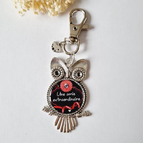 Porte-clef amie extraordinaire hibou chouette oiseau noir et rouge /  idée cadeau noël fête anniversaire amitié