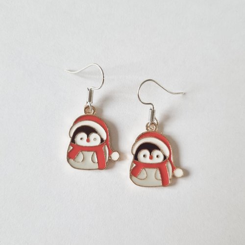 Boucles d'oreilles pingouin de noël - rouge blanc - argenté