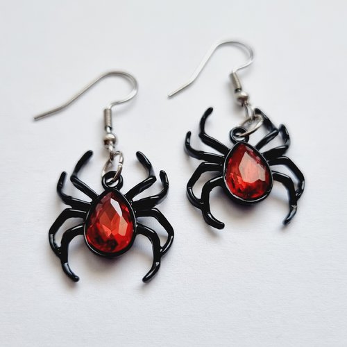 Boucles d'oreilles araignée halloween noir rouge et argenté strass crochets acier inoxydable