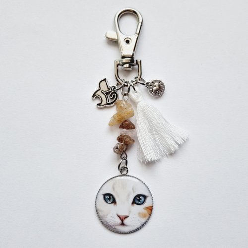 Porte-clés chat blanc pierres naturelles quartz rutilé étoile bijou de sac espoir confiance en soi optimisme anti stress cadea