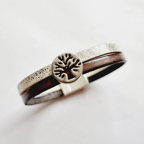 Bracelet arbre de vie cuir gris blanc argenté adaptable idée cadeau femme anniversaire noël fêtes