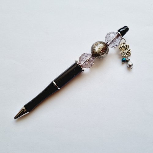 Stylo fleur de lotus noir perles bleu canard idee cadeau fin d'année scolaire remerciements