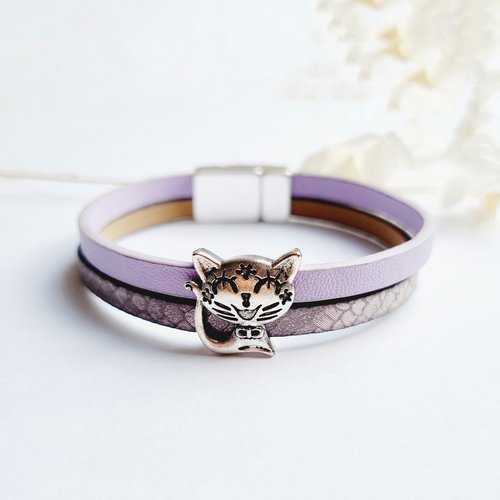 Bracelet enfant chat en simili cuir violet mauve - fermoir aimanté - mesure personnalisable