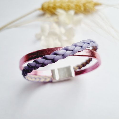 Bracelet enfant cuir et simili rose mauve tressé - fermoir aimanté - mesure personnalisable
