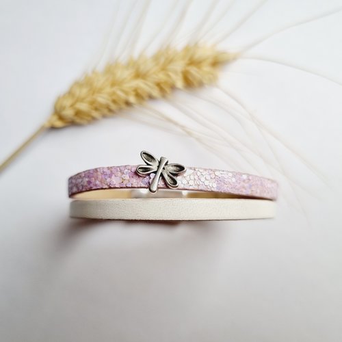 Bracelet enfant libellule en cuir et simili rose pailleté et blanc argenté fermoir aimanté idée cadeau anniversaire