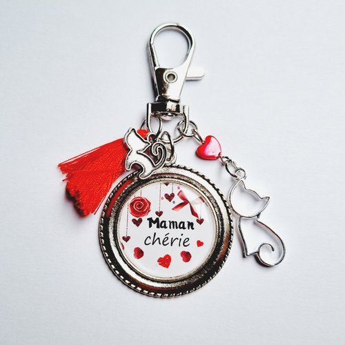 Porte-clef maman chérie pompon rouge chat coeur et perles - idée cadeau maman noël fête des mères  anniversaire