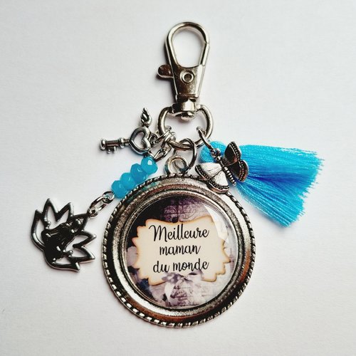 Porte clef meilleure maman du monde ruban pompon bleu fleur de lotus bouddha papillon idée cadeau maman noël fête des mères anniversaire