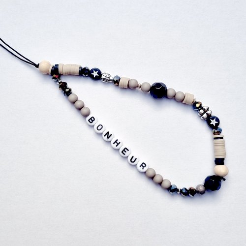 Bijou de téléphone portable bonheur perles beige noir kaki