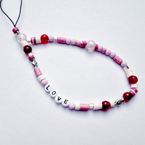 Bijou de téléphone portable love perles rose rouge transparent