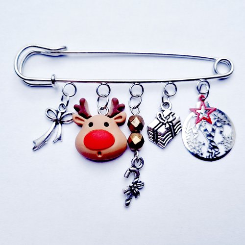 Broche de noël renne tons rouge marron et argenté