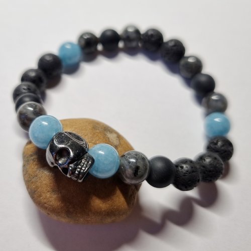 Bracelet homme aigue marine labradorite noire onyx pierre de lave tête de mort pierres naturelles