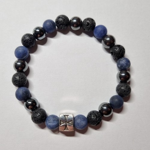 Bracelet homme sodalite hématite pierre de lave croix des templiers pierres naturelles