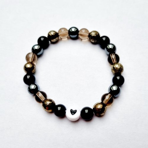 Bracelet enfant onyx noir pyrite quartz fumé hématite pierres naturelles coeur