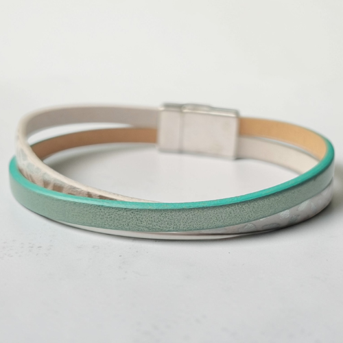 Bracelet femme cuir vert nacré croisé blanc argenté fermoir aimanté idée cadeau anniversaire fêtes des mères