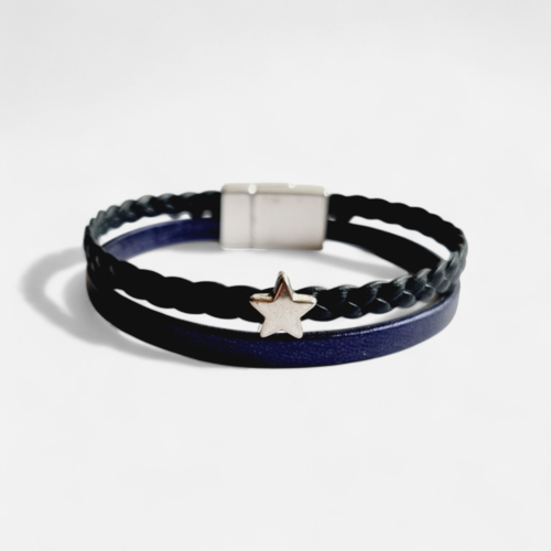 Bracelet femme en cuir bleu marine tressé étoile argentée
