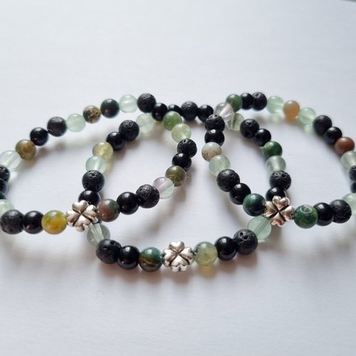 Duo ou trio mere fils bracelets chance concentration pierres naturelles - trèfle - agate indienne, onyx noir, pierre de lave fluorite