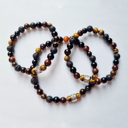 Duo ou trio mere fils bracelets force confiance en soi pierres naturelles - losanges - oeil de tigre, oeil de taureau, pierre de lave