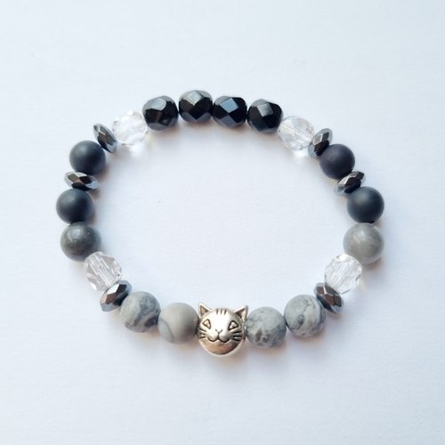 Bracelet enfant chat perles pierres naturelles stress et protection - élastique