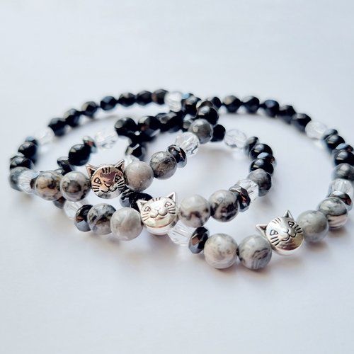 Duo trio mere filles bracelets chat gris pierres naturelles stress protection - jaspe picasso onyx labradorite noire et perles en verre