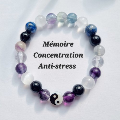 Bracelet mémoire concentration anti-stress en fluorite fluorine sélénite onyx noire cristal de roche lapis lazuli pierres naturelles