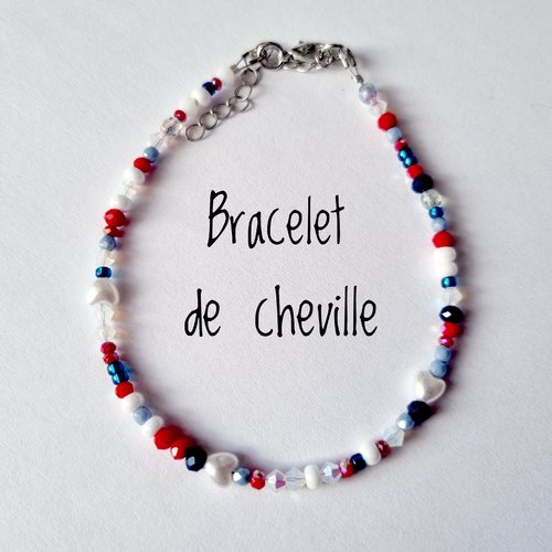 Bracelet de cheville perles bleu blanc rouge coeur nacré