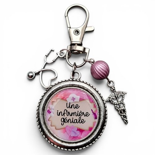 Porte-clef infirmière géniale breloque caducée stéthoscope  rose idée cadeau remerciements collègue patient
