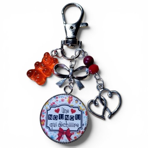 Porte-clef nounou qui déchire rouge ourson bonbon et coeurs - idée cadeau fin d'année assistante maternelle