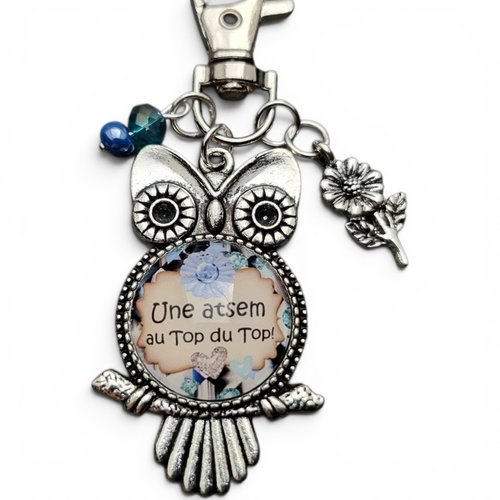 Petit porte clés atsem au top du top hibou chouette et breloque fleur bleu idée cadeau fin d'année scolaire école remerciements