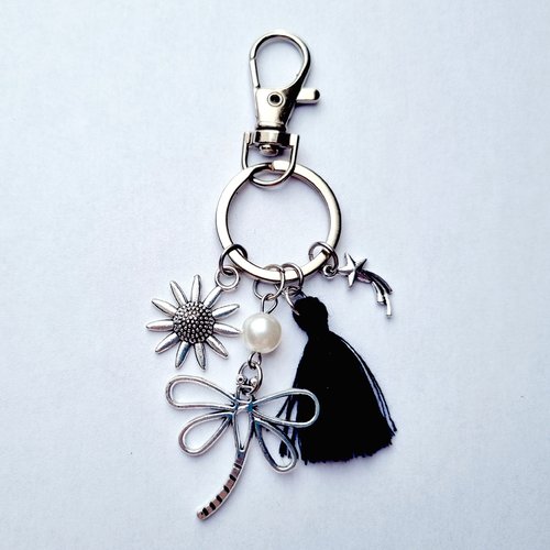 Porte clés libellule fleur étoile filante noir blanc et carte porte-bonheur