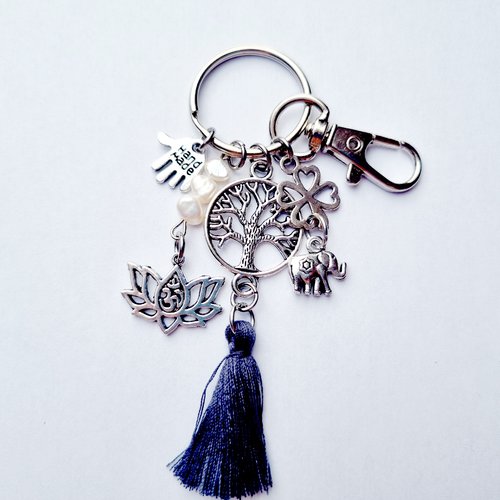 Porte clés fleur de lotus arbre de vie bleu marine et carte porte-bonheur