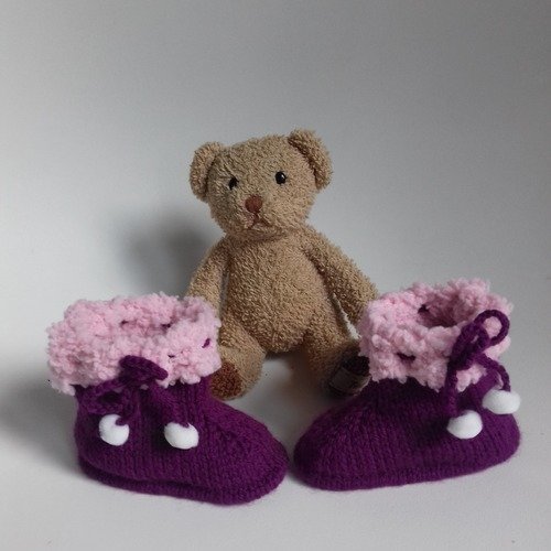 Chaussons bottines en laine couleur prune et rose 0/3 mois