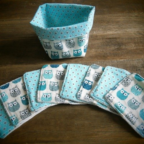 Lingettes lavables hiboux bleu et panier de rangement éponge microfibre de bambou pour bébé ou démaquillage