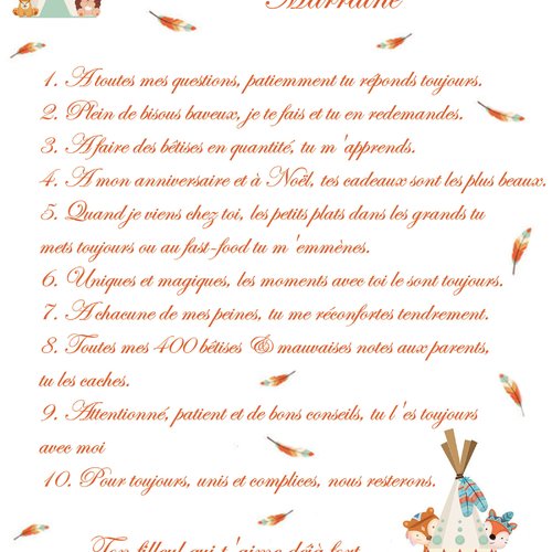 Affiche souvenir 10 commandements marraine thème copains des bois