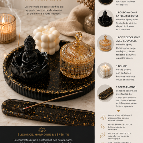 Ensemble décoratif noir et doré epoxy