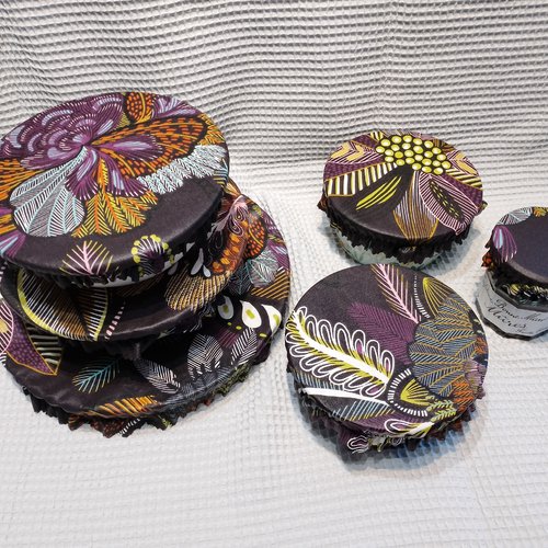 Couvercles alimentaire motif feuilles ton violet x6