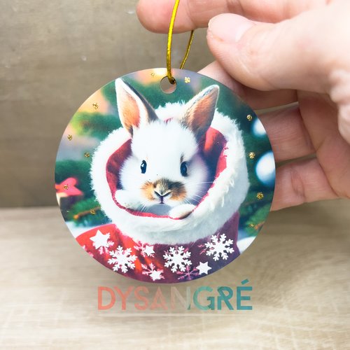 Boule de noël en boislapin de noël dans sa chaussette 75mm