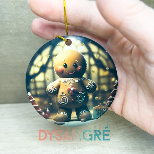 Boule de noël en bois bonhomme pain d'épice avec prénom au dos 75mm