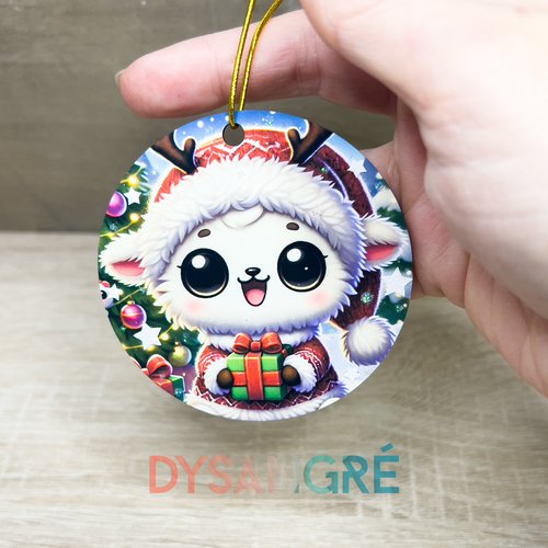 Boule de noël en bois mouton avec son costume de renne 75mm