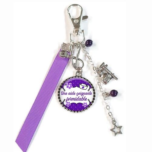 Porte-clés aide soignante formidable, porte clés violet