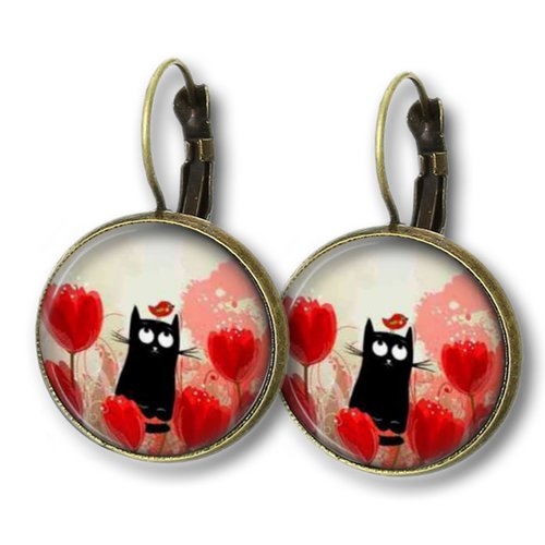 Boucle d'oreille chat, chat coquelicot