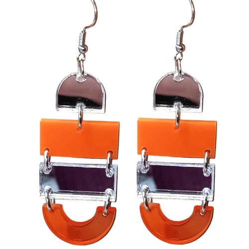 Boucles d'oreilles orange et miroir, accroche et anneau acier inoxydable, plexiglass