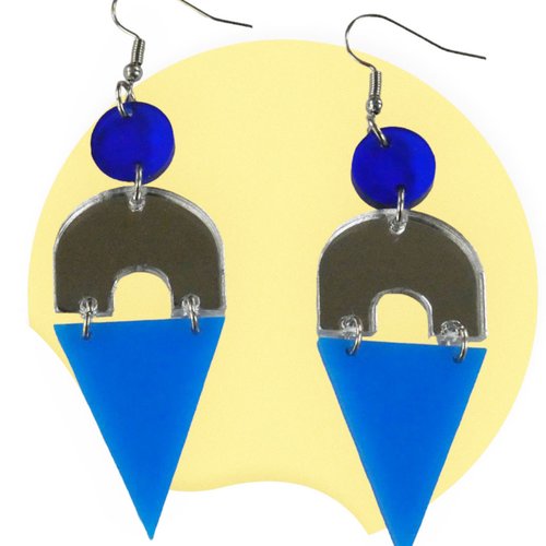 Boucles d'oreilles bleu et miroir, accroche et anneau acier inoxydable, plexiglass