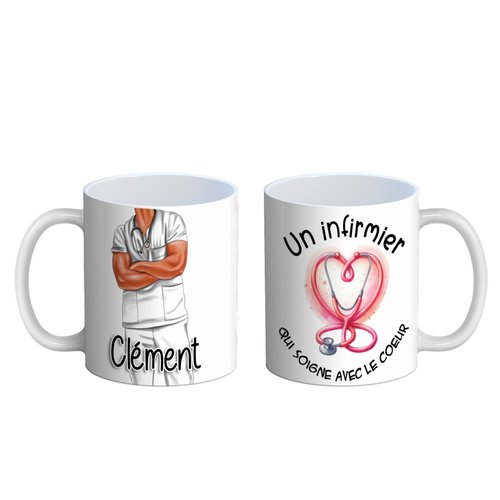 Mug infirmier recto verso, mug personnalisé infirmier qui soigne avec le cœur, tasse mug personnalisable prénom